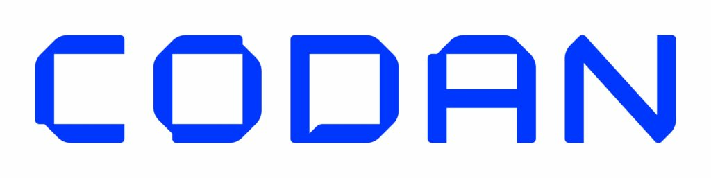 Blue geometric logo spelling coden on a white background bold angular letters   yalari   yalari