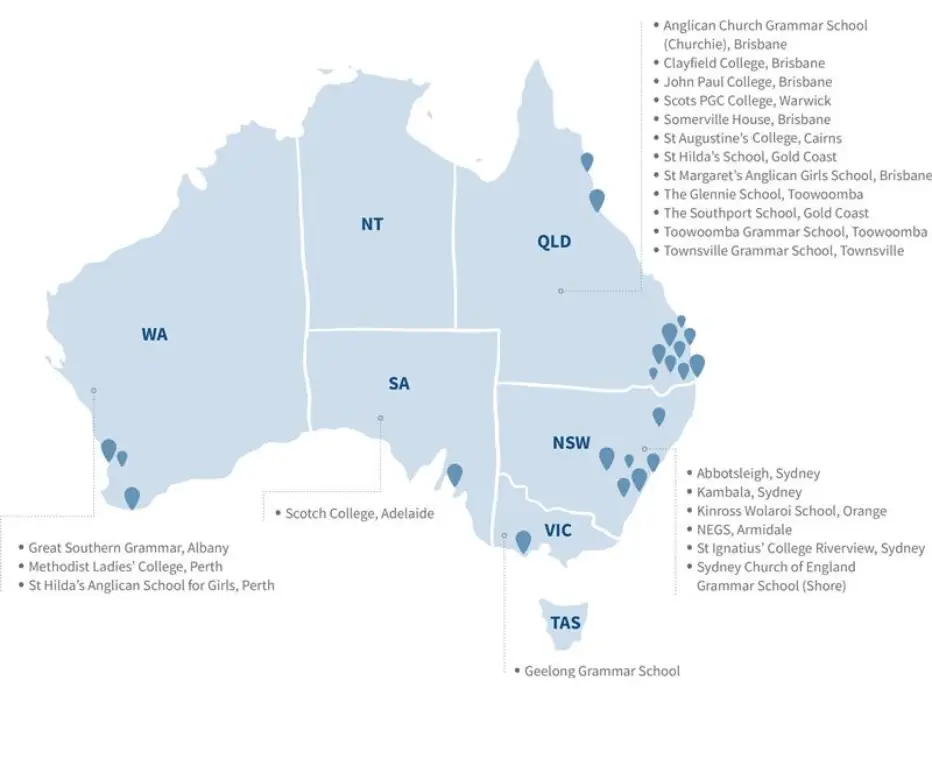 Map of Australia with a list of Partner Schools walking alongside Yalari